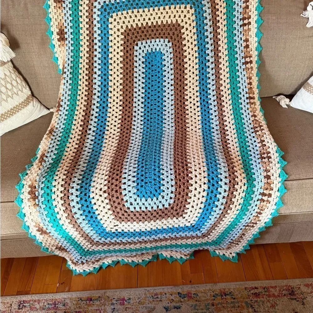 Vintage Handmade Hand Crochet Multicolor Throw Blanket Granny Afghan Grandma